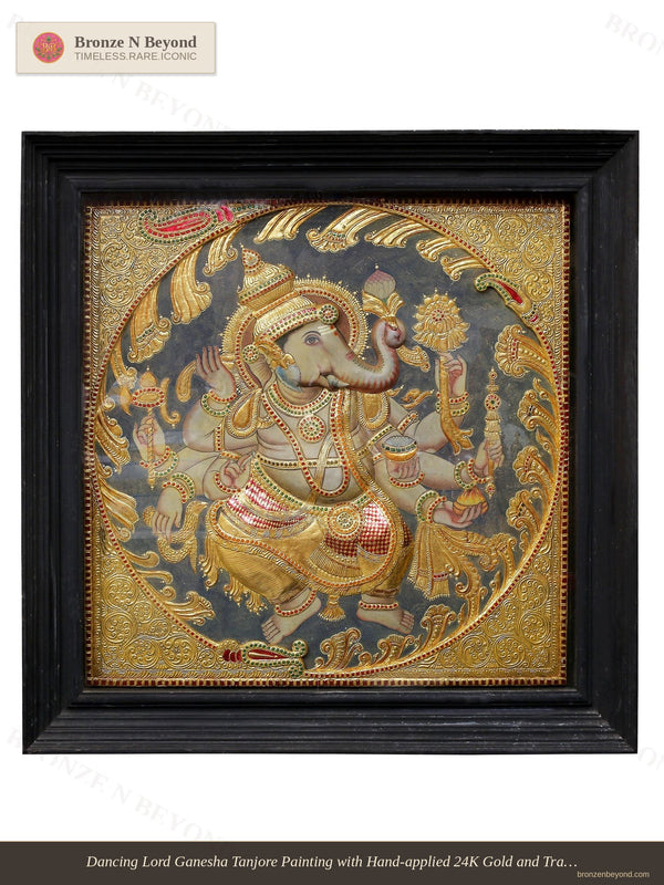 Dancing Lord Ganesha Tanjore Painting 24K Gold Work
