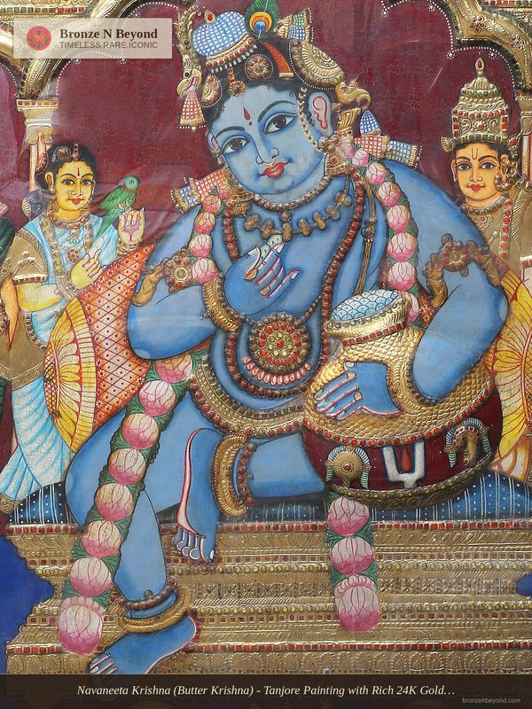 Navaneeta Krishna (Butter Krishna) - Tanjore Painting with Rich 24K Gold Relief and Traditional Color Palette