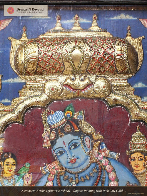 Navaneeta Krishna (Butter Krishna) - Tanjore Painting with Rich 24K Gold Relief and Traditional Color Palette