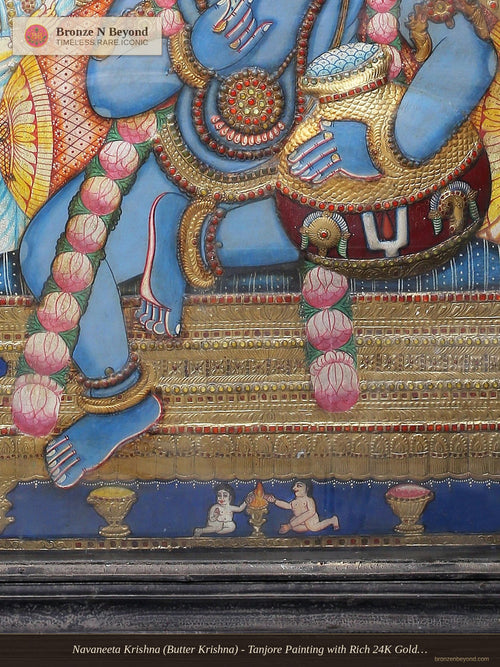 Navaneeta Krishna (Butter Krishna) - Tanjore Painting with Rich 24K Gold Relief and Traditional Color Palette