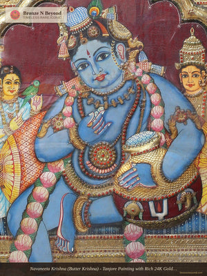 Navaneeta Krishna (Butter Krishna) - Tanjore Painting with Rich 24K Gold Relief and Traditional Color Palette