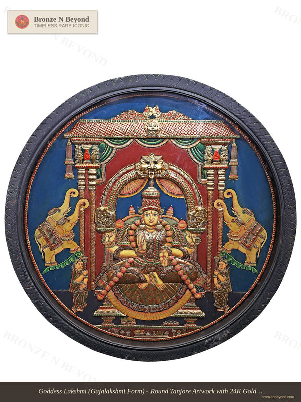 Gajalakshmi in Circular Frame Tanjore Painting 24 Karat Gold