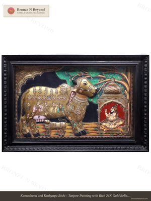 Kasyapa Worshipping Kamadhenu Tanjore Painting 24K Gold Work