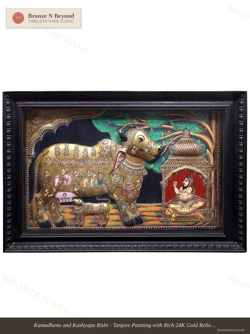 Kasyapa Worshipping Kamadhenu Tanjore Painting 24K Gold Work