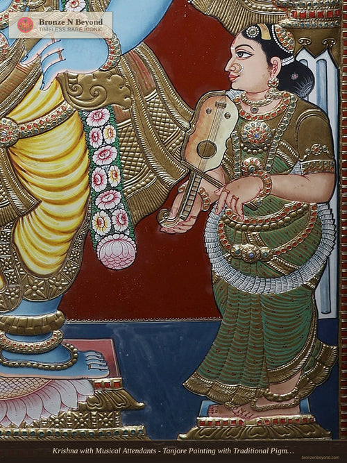 Krishna with Musical Attendants - Tanjore Painting with Traditional Pigments and 24K Gold