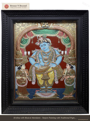 Krishna with Satyabhama and Rukmini Tanjore Painting 24K Gold Work