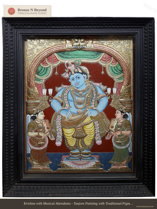 Krishna with Satyabhama and Rukmini Tanjore Painting 24K Gold Work