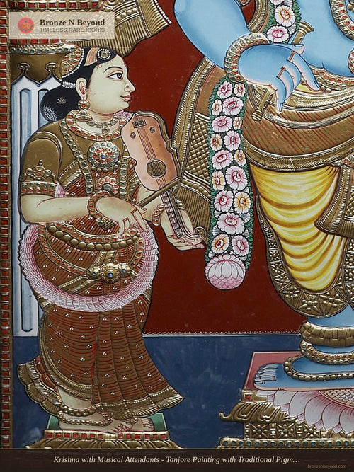Krishna with Musical Attendants - Tanjore Painting with Traditional Pigments and 24K Gold