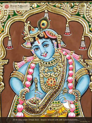 Sri Krishna under Ornate Arch - Tanjore Artwork with 24K Gold Embellishment and Classic Colours