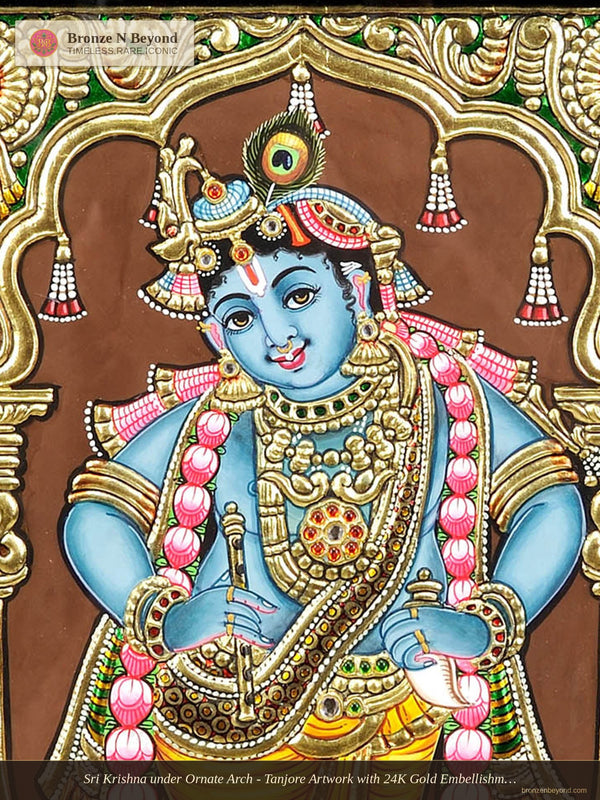 Sri Krishna under Ornate Arch - Tanjore Artwork with 24K Gold Embellishment and Classic Colours