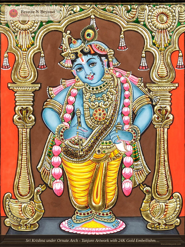 Sri Krishna under Ornate Arch - Tanjore Artwork with 24K Gold Embellishment and Classic Colours