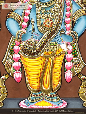 Sri Krishna under Ornate Arch - Tanjore Artwork with 24K Gold Embellishment and Classic Colours