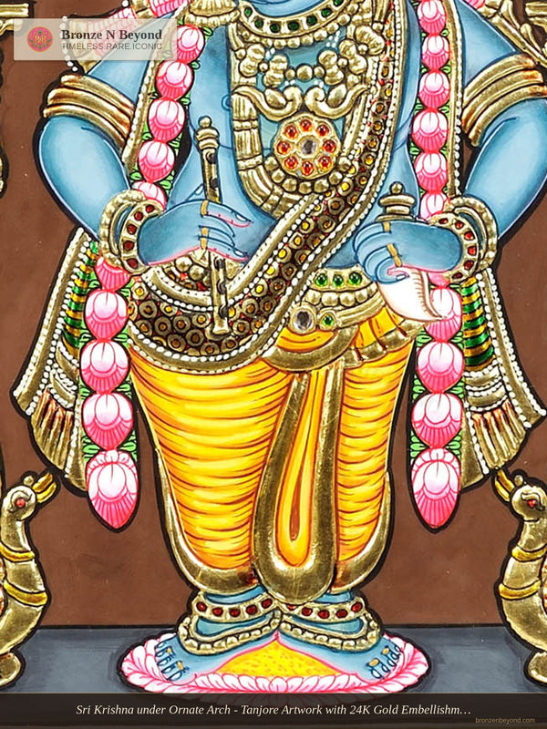 Sri Krishna under Ornate Arch - Tanjore Artwork with 24K Gold Embellishment and Classic Colours