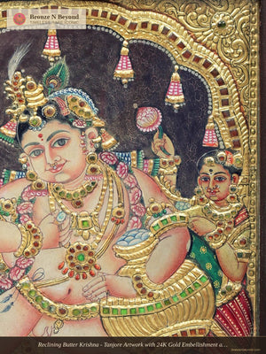 Reclining Butter Krishna - Tanjore Artwork with 24K Gold Embellishment and Classic Colour&nbsp;