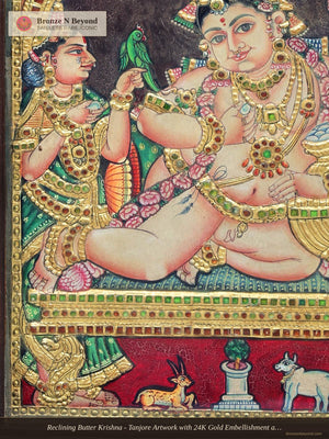 Reclining Butter Krishna - Tanjore Artwork with 24K Gold Embellishment and Classic Colour&nbsp;