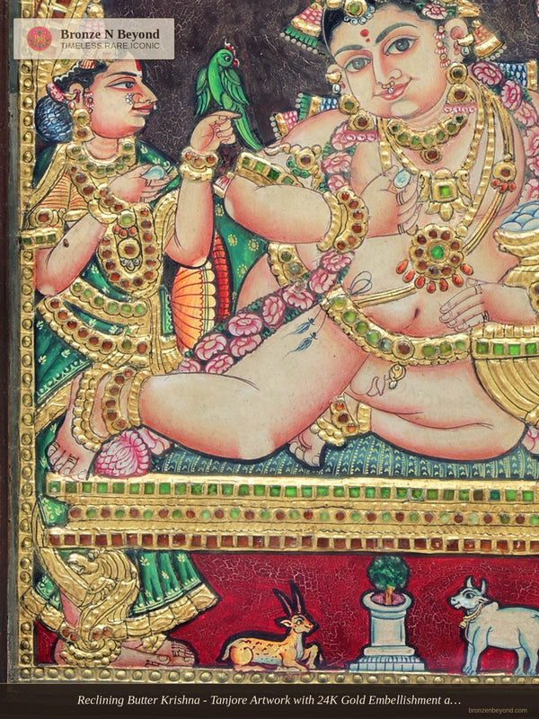 Reclining Butter Krishna - Tanjore Artwork with 24K Gold Embellishment and Classic Colour&nbsp;