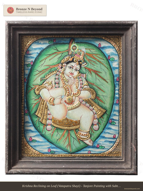 Vatapatra Shayi Krishna Vintage Style Tanjore Painting Teakwood Frame