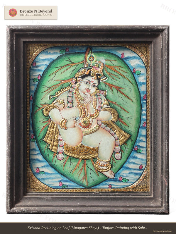 Vatapatra Shayi Krishna Vintage Style Tanjore Painting Teakwood Frame