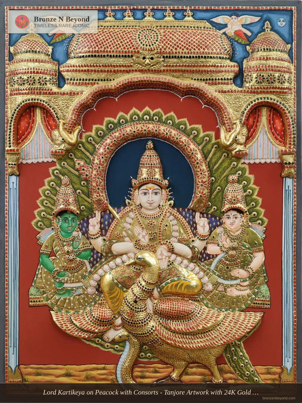 Murugan with Devasena and Valli Tanjore Painting