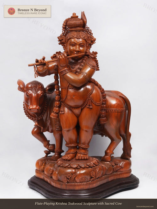 Flute-Playing Krishna Teakwood Sculpture with Sacred Cow