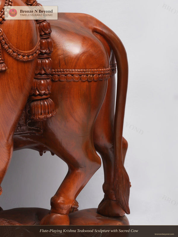 Flute-Playing Krishna Teakwood Sculpture with Sacred Cow