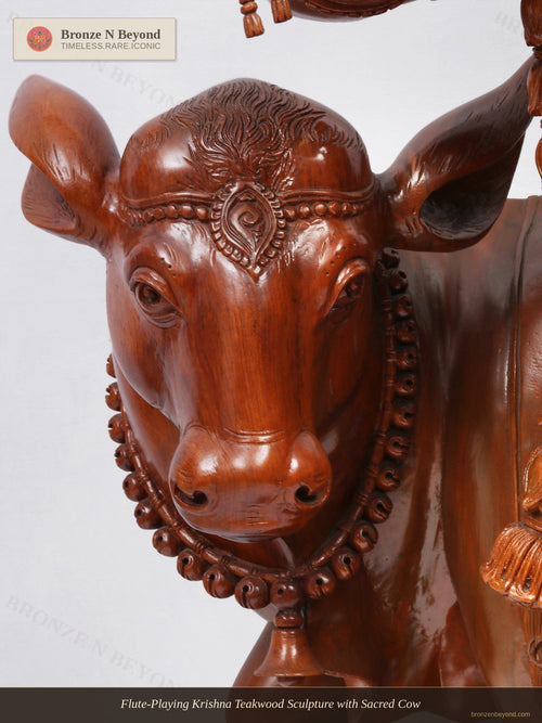 Flute-Playing Krishna Teakwood Sculpture with Sacred Cow