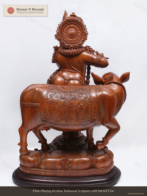 Flute-Playing Krishna Teakwood Sculpture with Sacred Cow