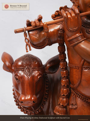 Flute-Playing Krishna Teakwood Sculpture with Sacred Cow