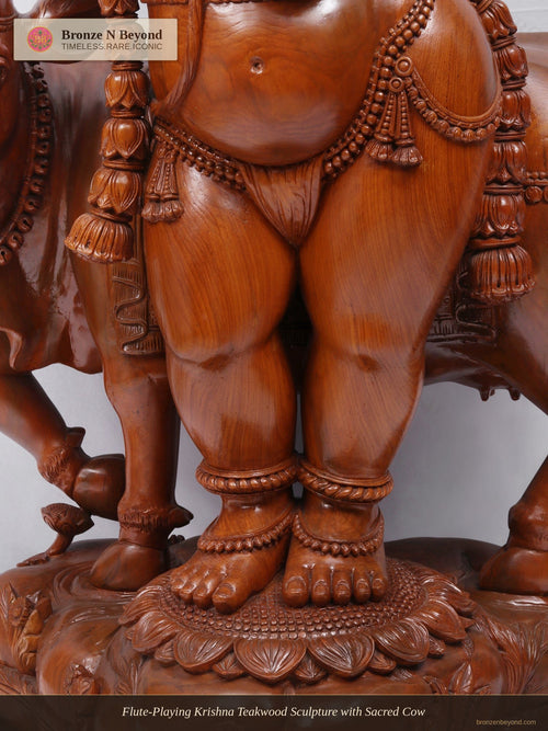 Flute-Playing Krishna Teakwood Sculpture with Sacred Cow