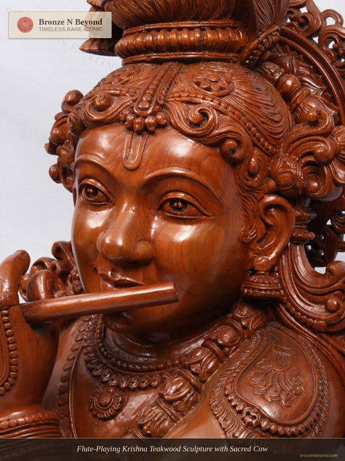 Flute-Playing Krishna Teakwood Sculpture with Sacred Cow