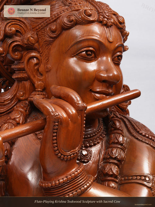 Flute-Playing Krishna Teakwood Sculpture with Sacred Cow