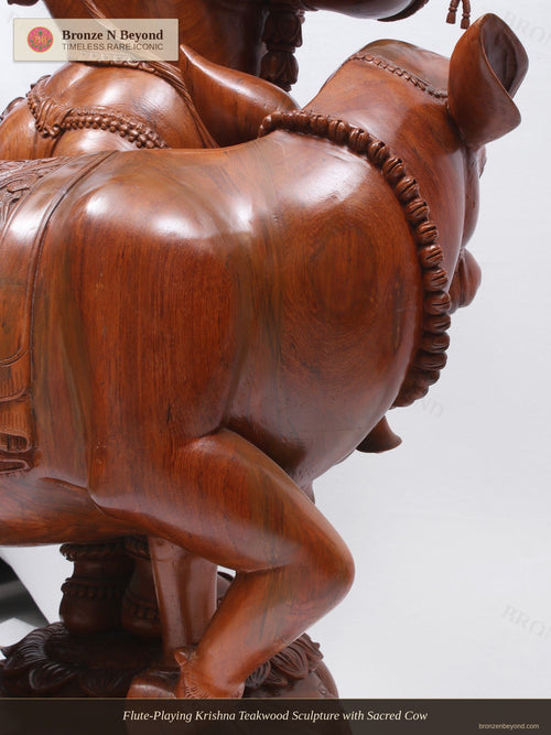 Flute-Playing Krishna Teakwood Sculpture with Sacred Cow