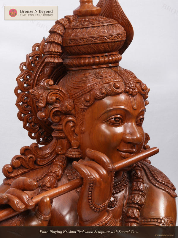 Flute-Playing Krishna Teakwood Sculpture with Sacred Cow