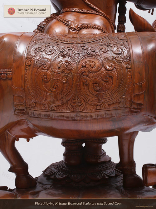 Flute-Playing Krishna Teakwood Sculpture with Sacred Cow