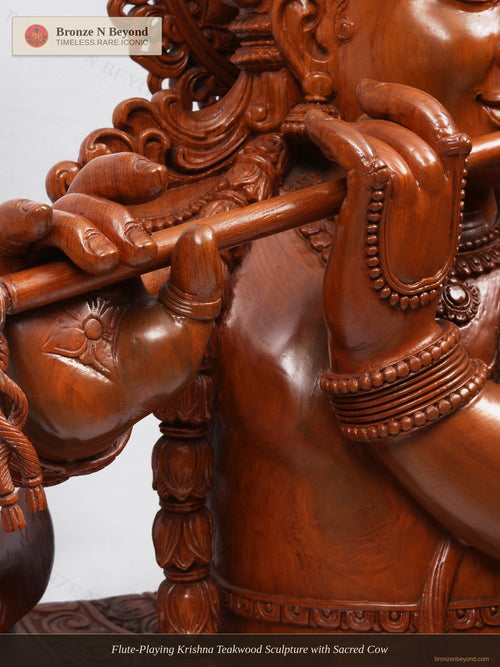 Flute-Playing Krishna Teakwood Sculpture with Sacred Cow