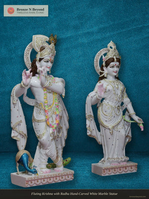 Fluting Krishna with Radha Hand-Carved White Marble Statue