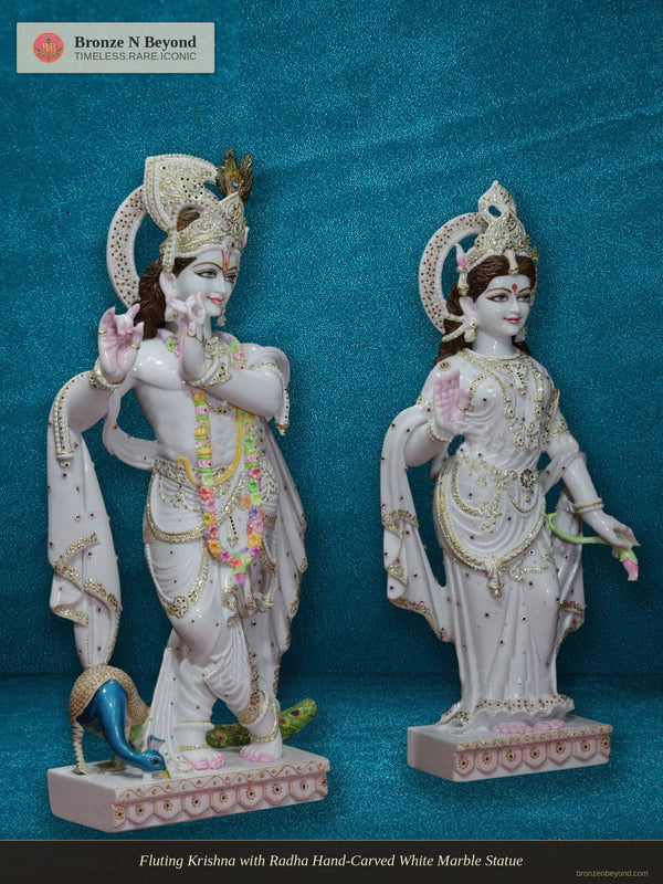 Fluting Krishna with Radha Hand-Carved White Marble Statue
