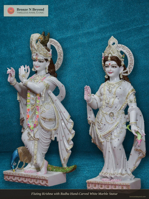 Fluting Krishna with Radha Hand-Carved White Marble Statue