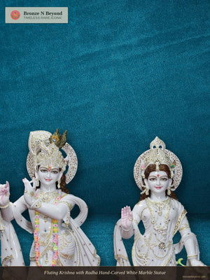 Fluting Krishna with Radha Hand-Carved White Marble Statue