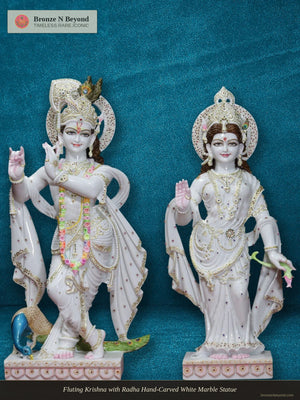 Fluting Krishna with Radha Hand-Carved White Marble Statue