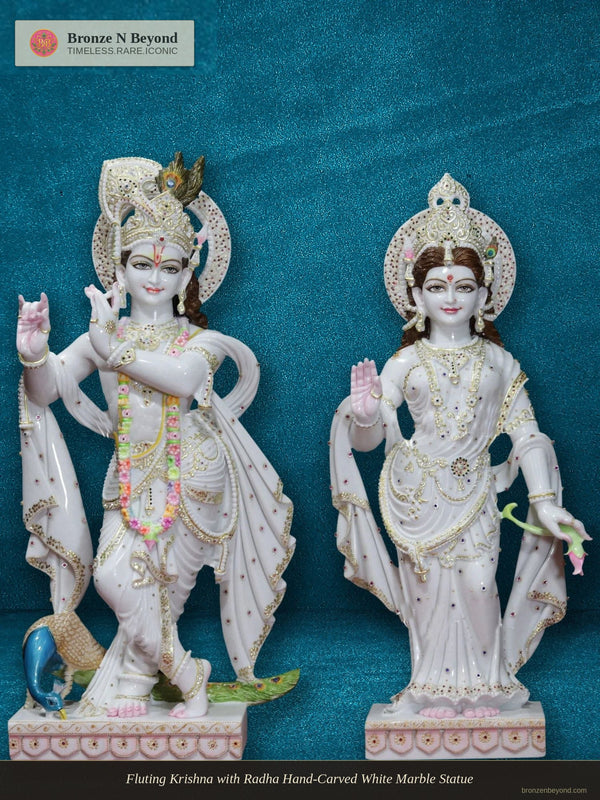 Fluting Krishna with Radha Hand-Carved White Marble Statue