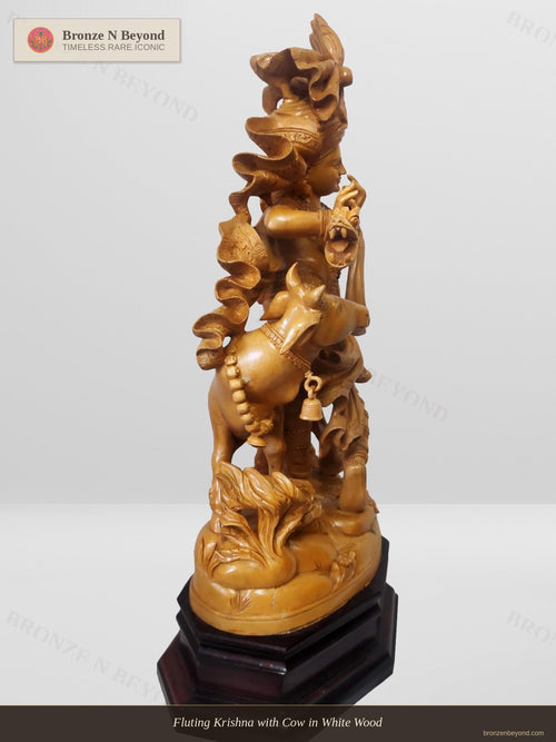 Fluting Krishna with Cow in White Wood