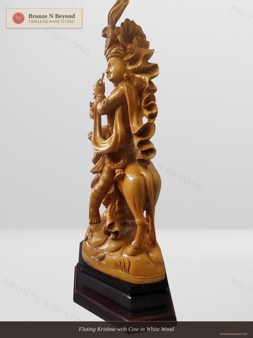 Fluting Krishna with Cow in White Wood
