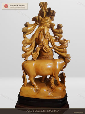 Fluting Krishna with Cow in White Wood