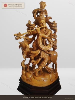 Fluting Krishna with Cow in White Wood