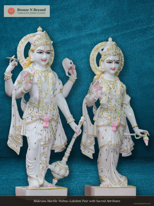 Makrana Marble Vishnu–Lakshmi Pair with Sacred Attributes