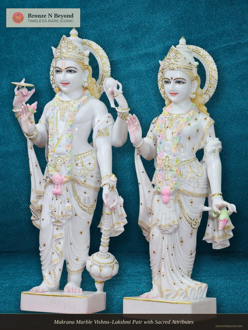 Makrana Marble Vishnu–Lakshmi Pair with Sacred Attributes