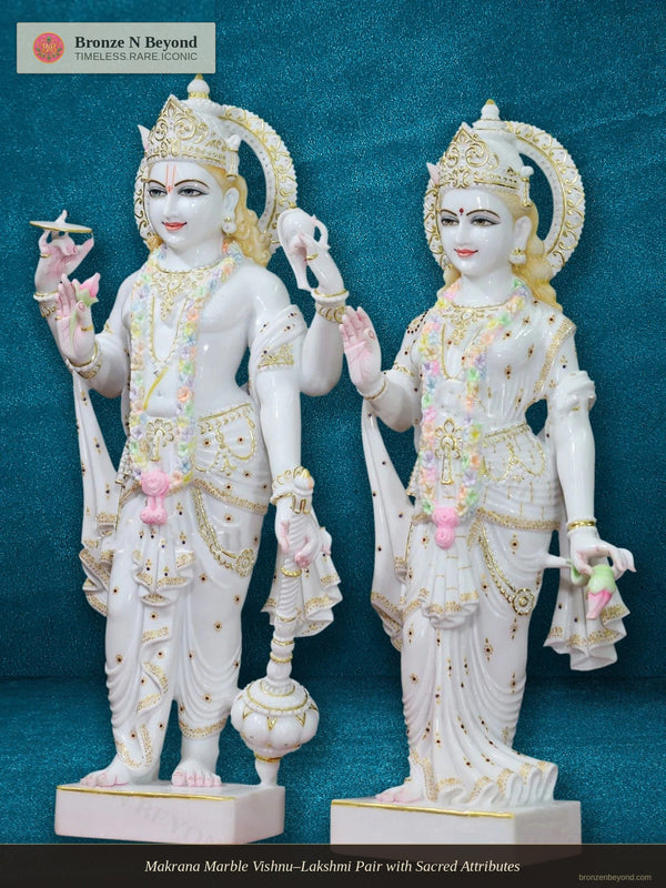 Makrana Marble Vishnu–Lakshmi Pair with Sacred Attributes