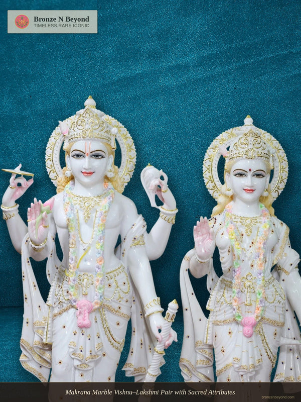Makrana Marble Vishnu–Lakshmi Pair with Sacred Attributes