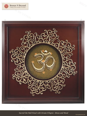 Sacred Om Wall Panel with Ornate Filigree- Brass and Wood